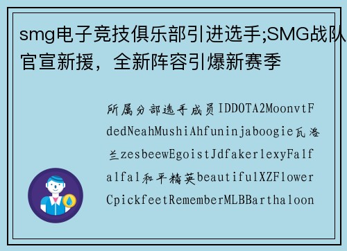 smg电子竞技俱乐部引进选手;SMG战队官宣新援，全新阵容引爆新赛季